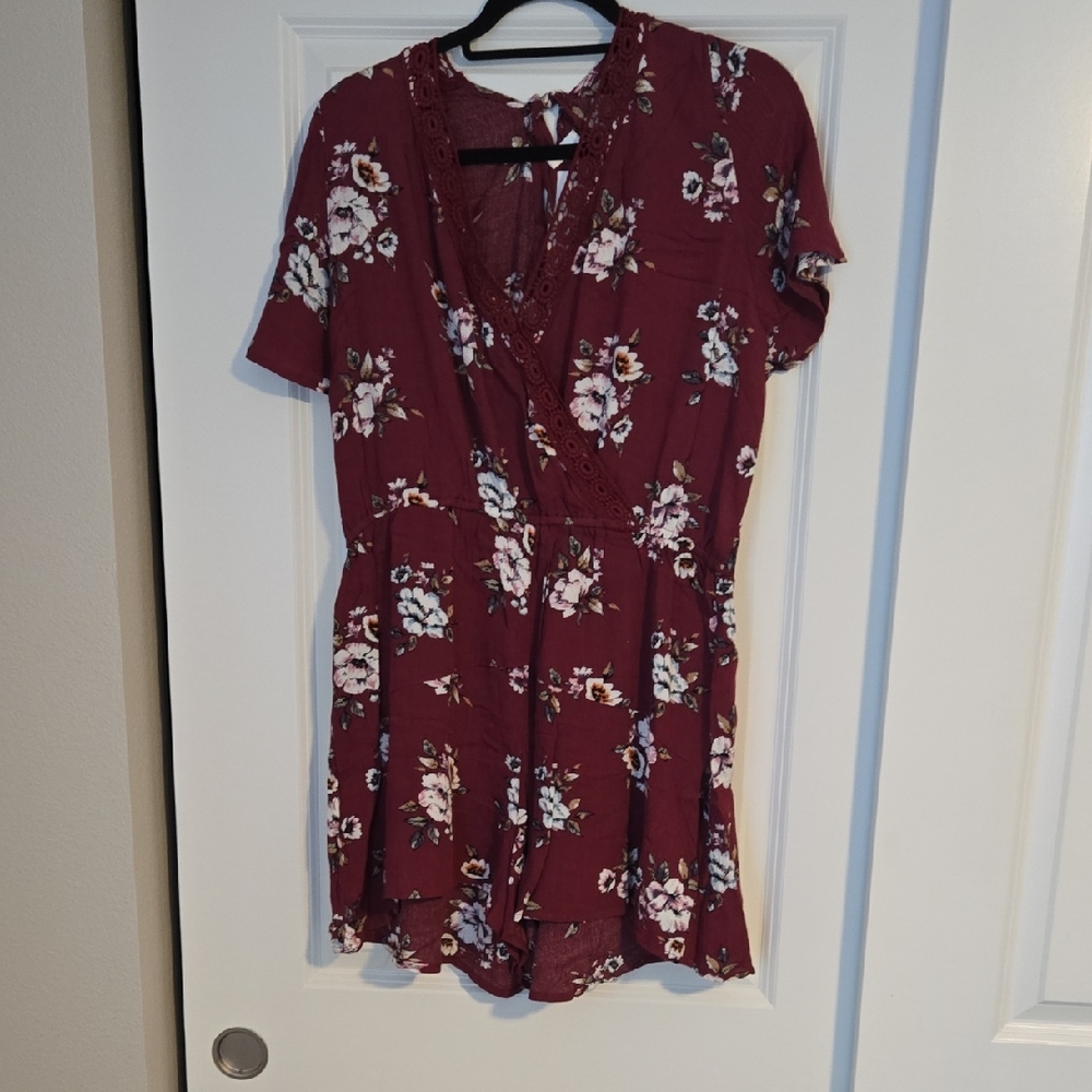 Xhilaration Burgundy Floral Lace-Trim Romper